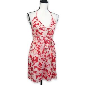 Alice + Olivia Silk Faux Wrap Halter Dress Size XS Red Yellow Printed Belted Bow